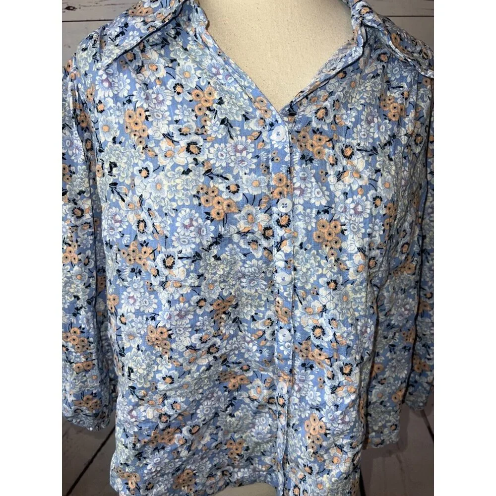 Free People Happy Days Blouse Medium Button front Shirt‎ Floral Cotton Easter